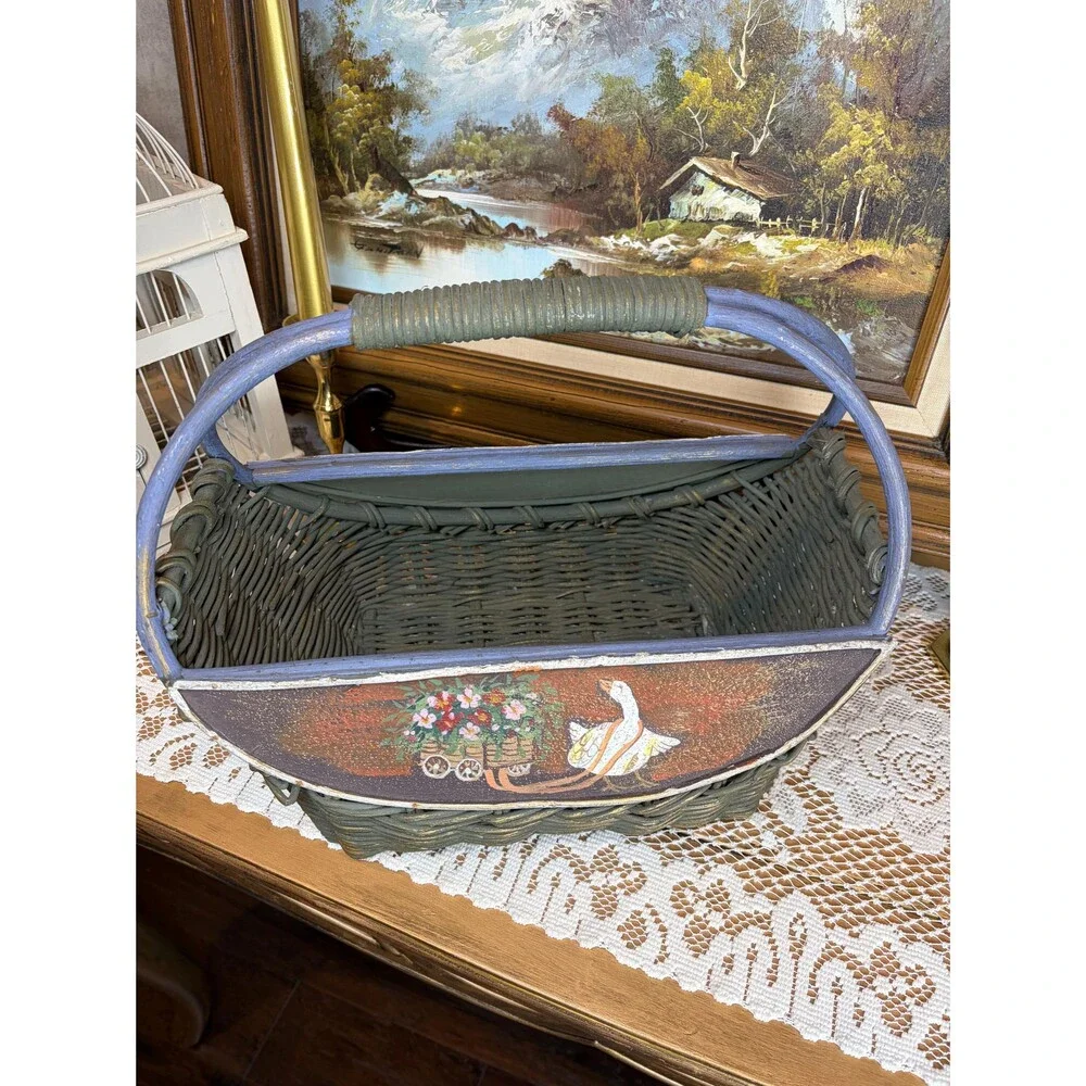 Vintage Hand Painted Goose Flower Cart Wicker Basket Country Cottagecore Decor